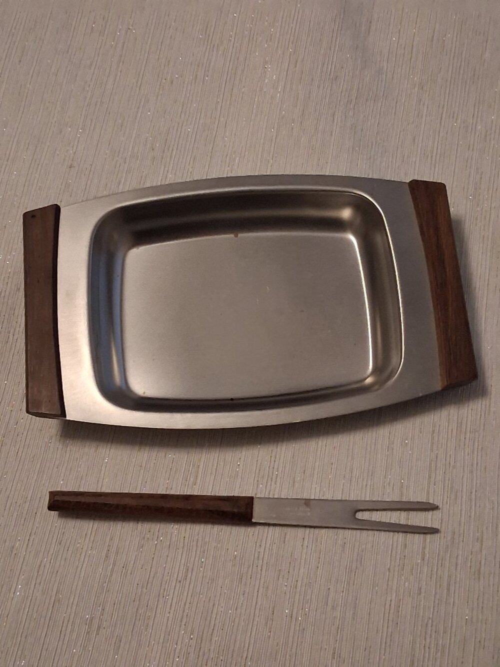 Vintage MCM snack Serving Tray Dish By Kalmar Designs Denmark Teak Wood + Fork